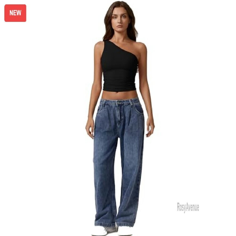One Shoulder Double Lined Tank Top Slim Fit Cropped Tee - Picture 7 of 8